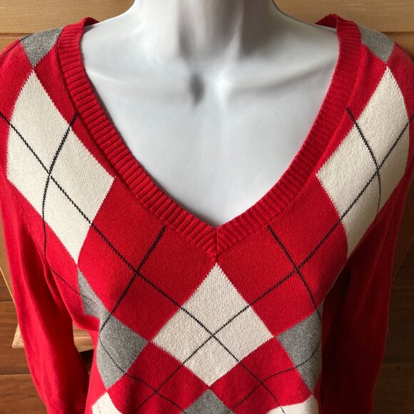 Vintage IZOD Red White Gray Argyle Lightweight Pull Over Sweater M - Picture 2 of 6